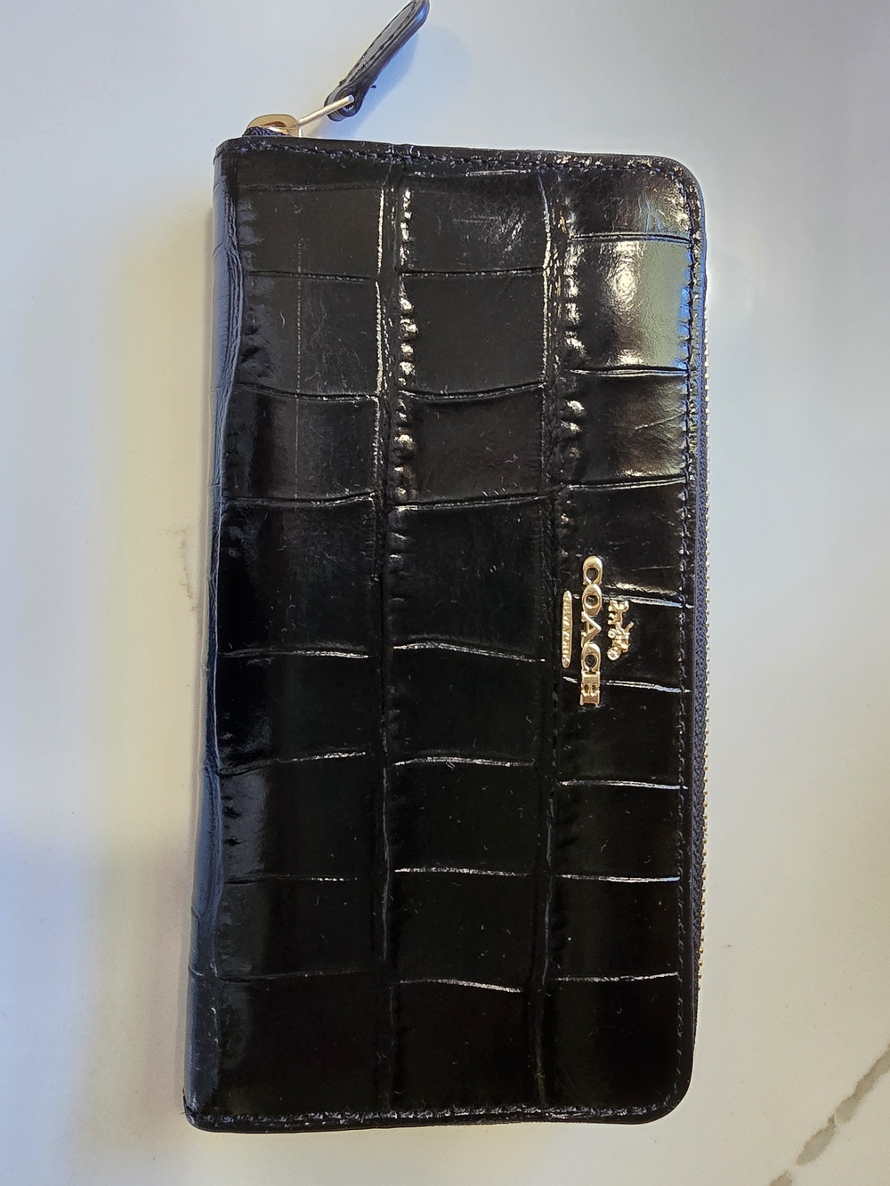 Coach Black Croc-Embossed Zip Wallet